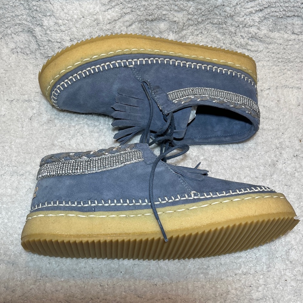 Laidbacklondon Blue Suede Moccasin Boots with Fringe and Beading NWOT